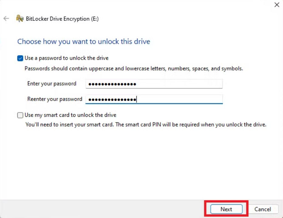 اختيار كلمة مرور BitLocker.
